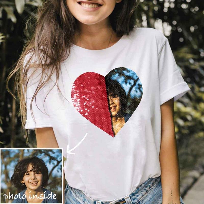 Vangogifts Custom love Heart Sequin Soft Shirt Personalized Reversible Sequin Heart Shirt, Your Picture And Text Custom Tee, Valentine'day Gift Idea For boyfriends and girlfriends, Custom Your Shirt