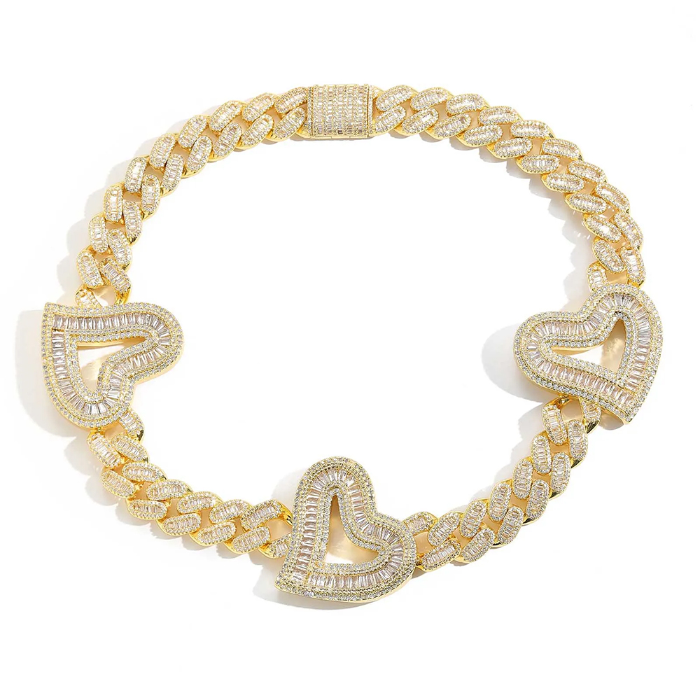 16MM Big Heart With Baguette CZ Cuban Link Chains