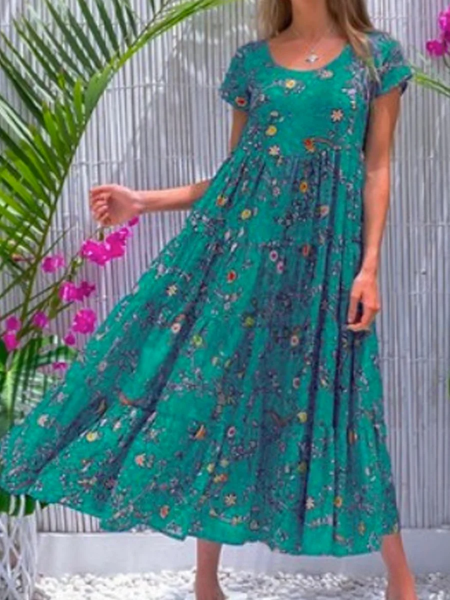 Casual Round Neck Short Sleeve Print Maxi Dress