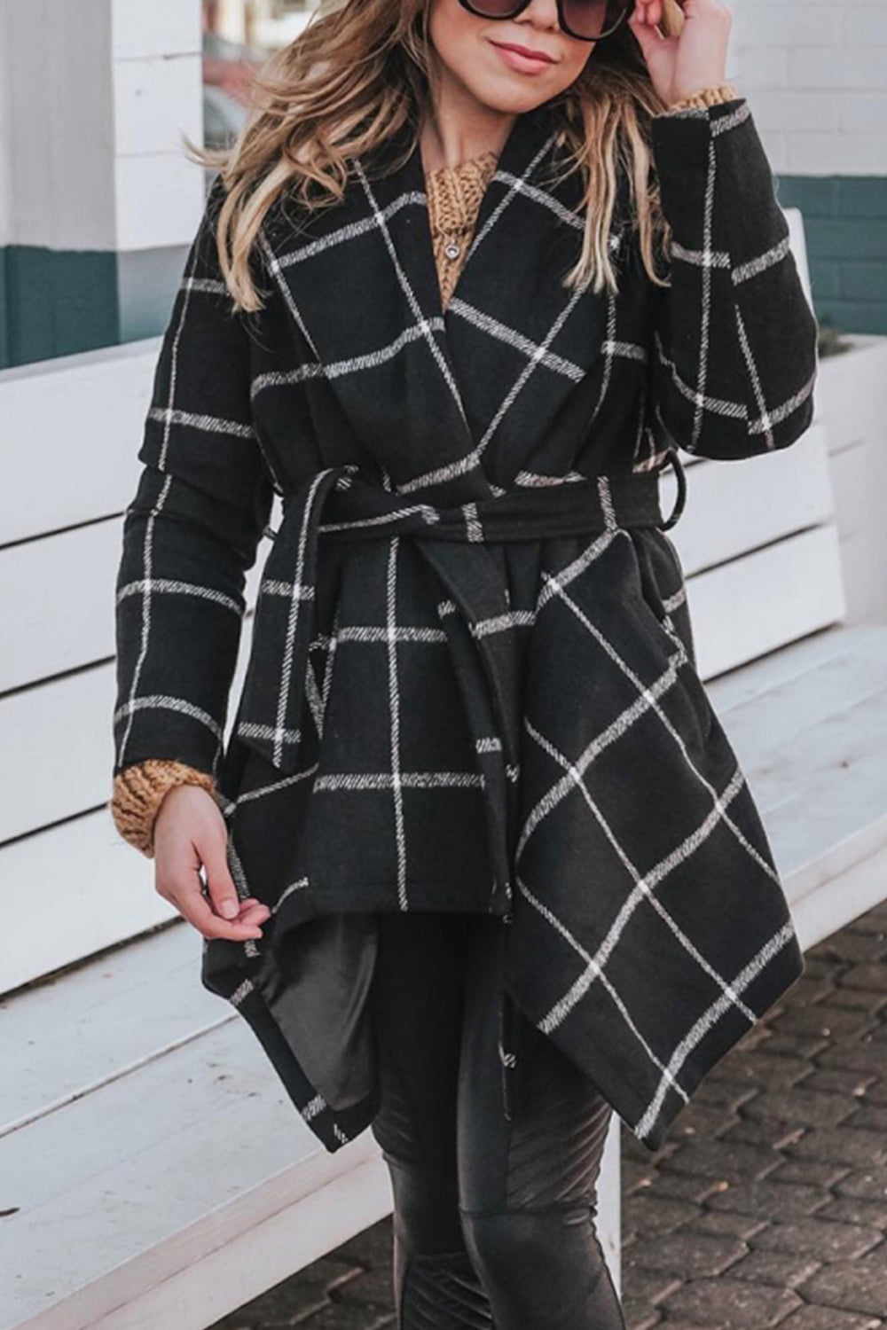 Belted Plaid Long Tweed Coat