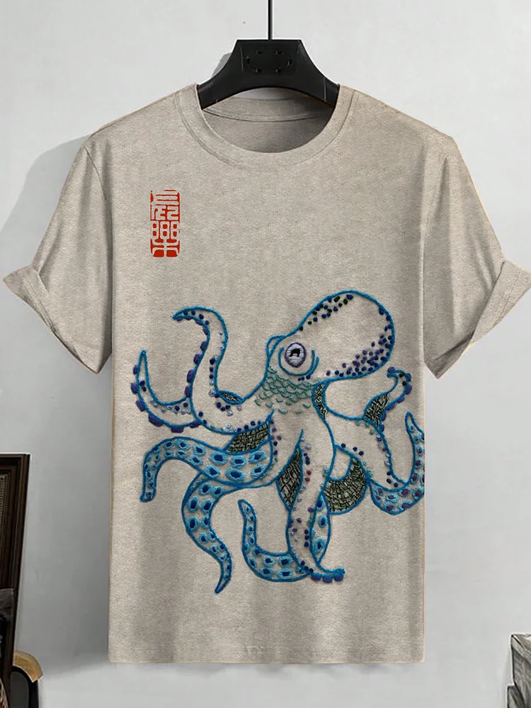 Men's Vintage Octopus Art Embroidery Printed T-Shirt