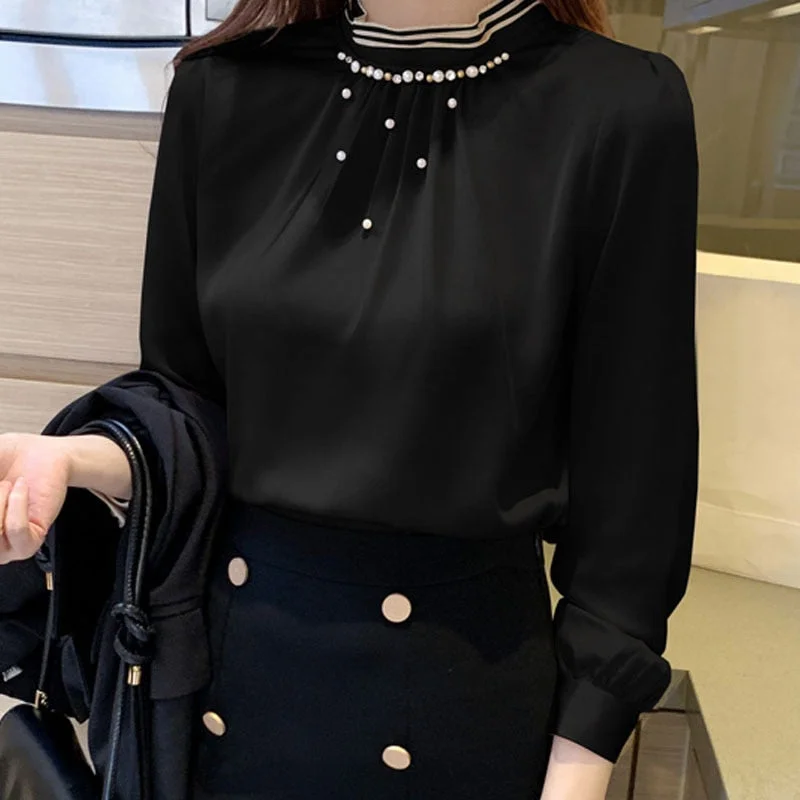 Blouses Long Sleeve Blouse Women Blusas Mujer De Moda 2021 Beading Stand Collar Chiffon Blouse Shirt Women Tops Blusas D537