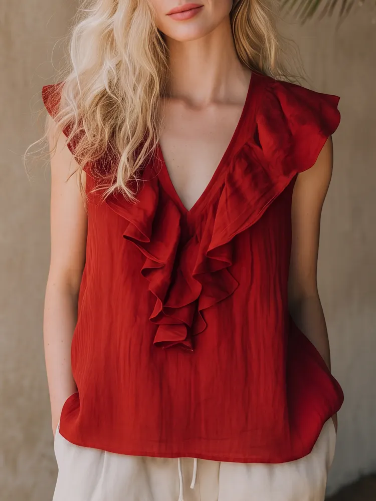 Bohemian-style Red Ruffled V-neck Cotton Linen Sleeveless Tank Top