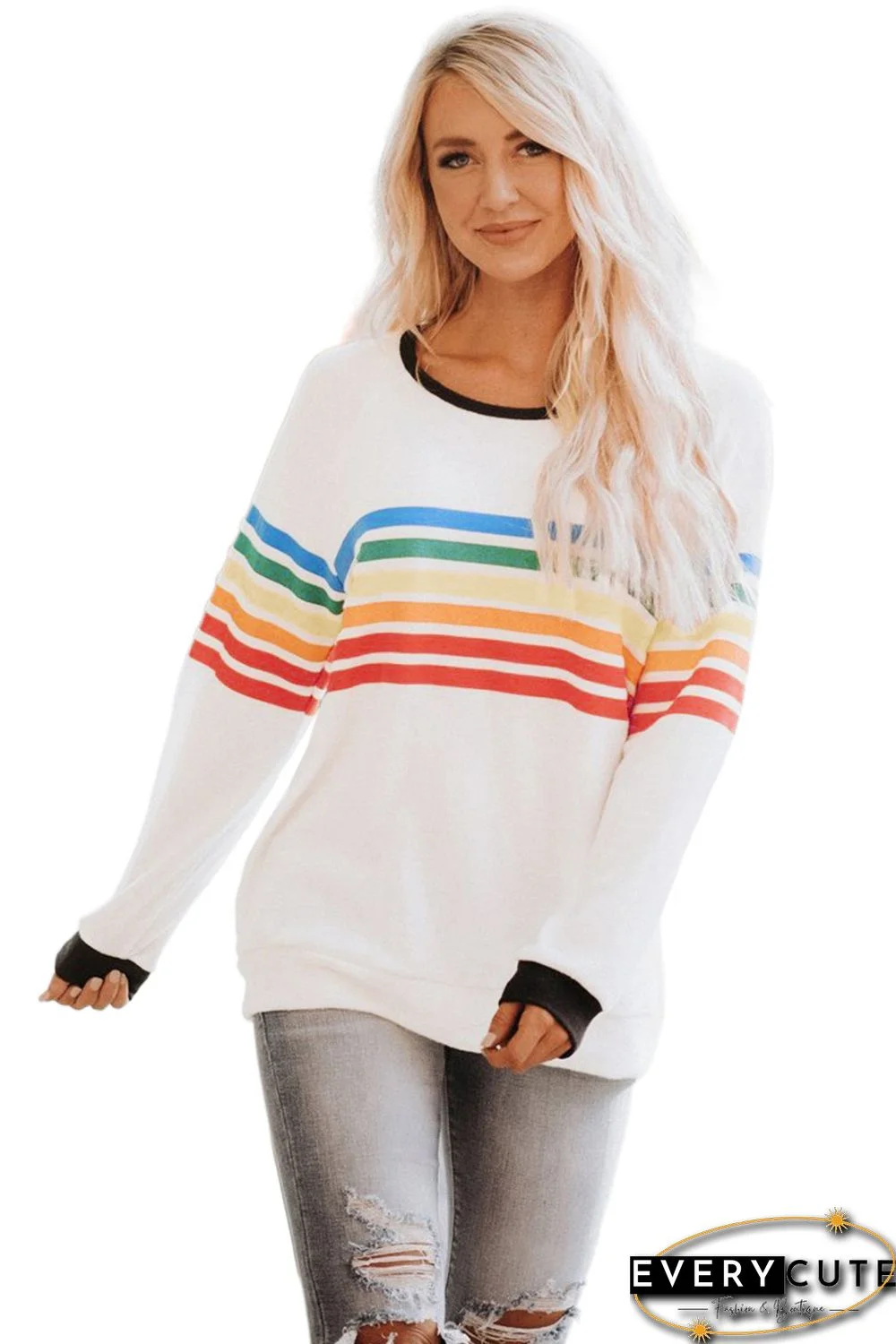 Rainbow Print White Long Sleeve Top