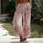 Women's Spring Floral Roses Embroidered Art Print Flowy Linen Blend Casual Pants - Image 2