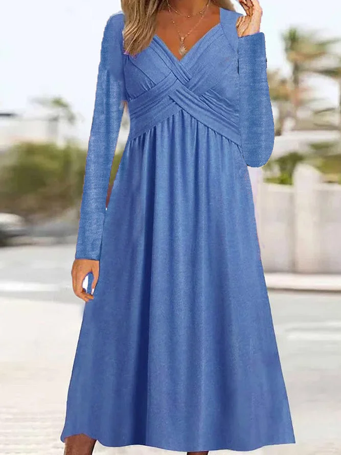 Women plus size clothing Women's Lace-up Solid Color V-Neck Long Sleeve Maxi Dress-Nordswear