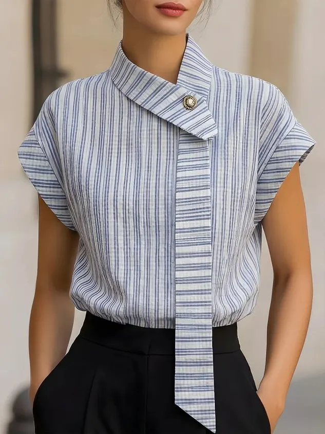 Urban Striped Printing Tie Neck Blouse mysite idetrend