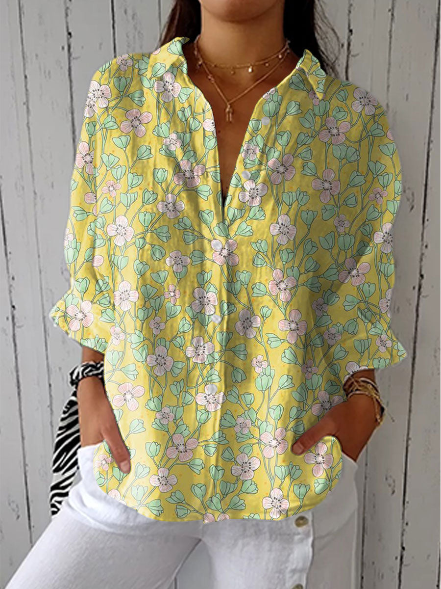 Women's Vintage Floral Art Print Casual Linen V-neck Shirt