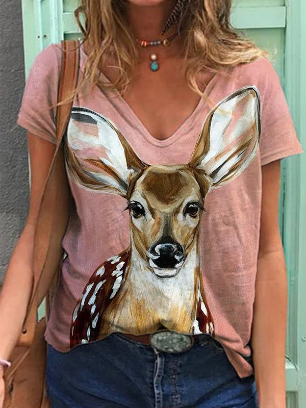 Innocent Deer Print V Neck T Shirt