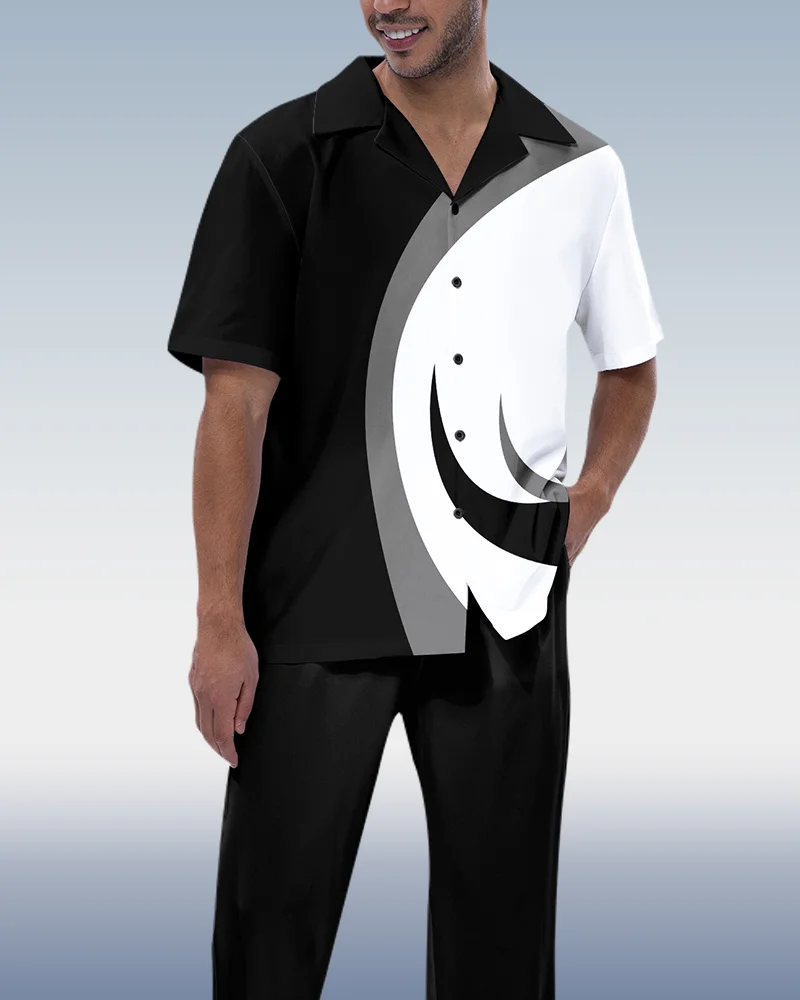 Suitmens Men's Black & White Color Block Short Sleeve Trekking Suit