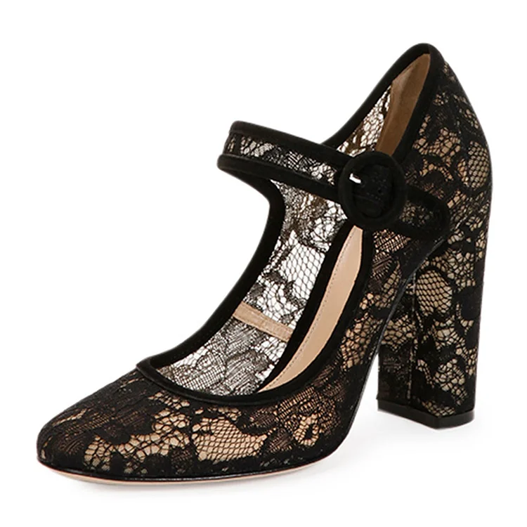 Black Lace Round Toe Mary Jane Pumps Vdcoo