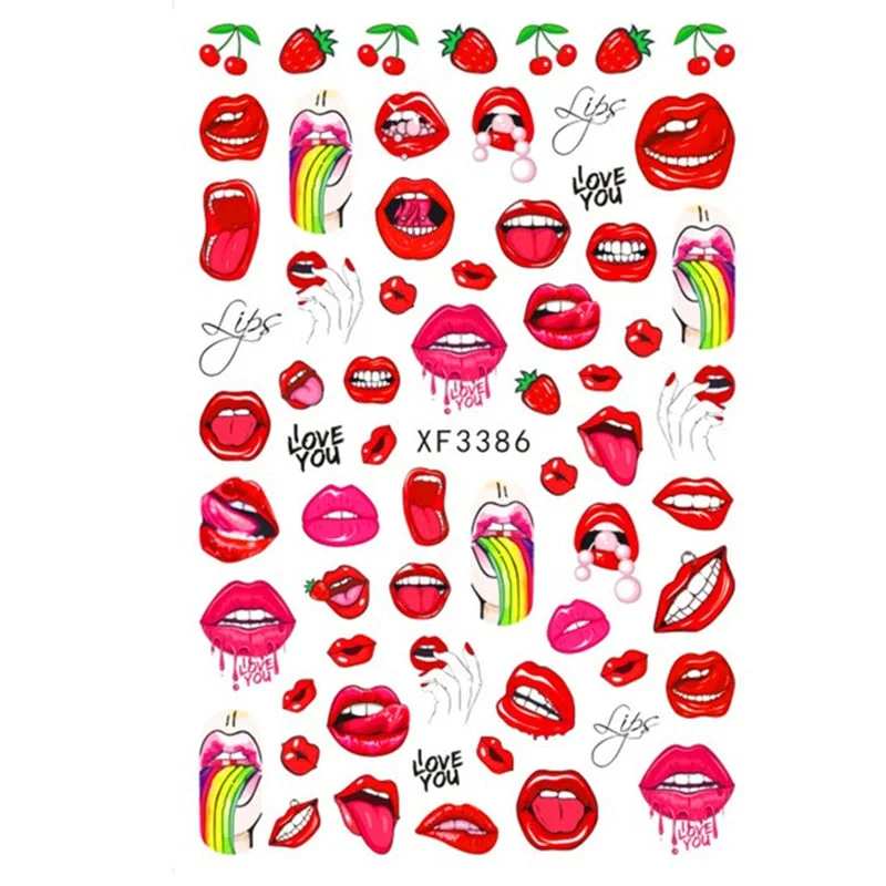 Red Lips Nail Art Stickers Nails Decals Hot Sexy Girl Tip Water Sliders Black Letters Heart Self Adhesive Tattoo Nail Decoration