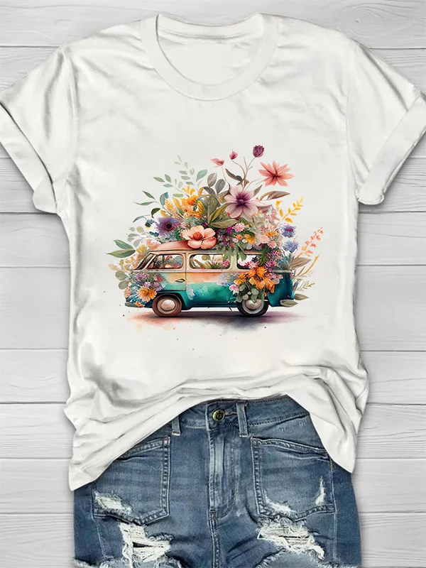 Hippie Car And Flowers Printed Crew Neck Women's T-shirt