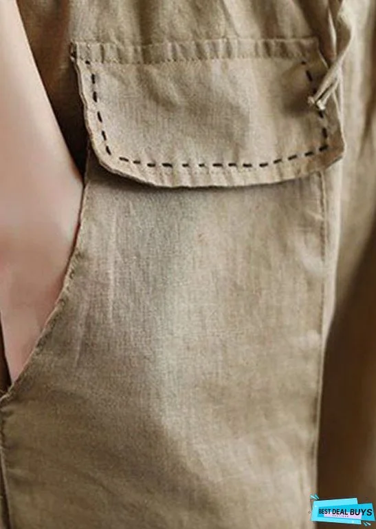 Unique Khaki Pockets Patchwork Linen Shorts Summer