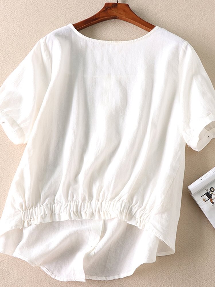 Cotton Button Elastic Round Neck Short Sleeve Blouse - Shop Trendy Women's Fashion | TeeYours