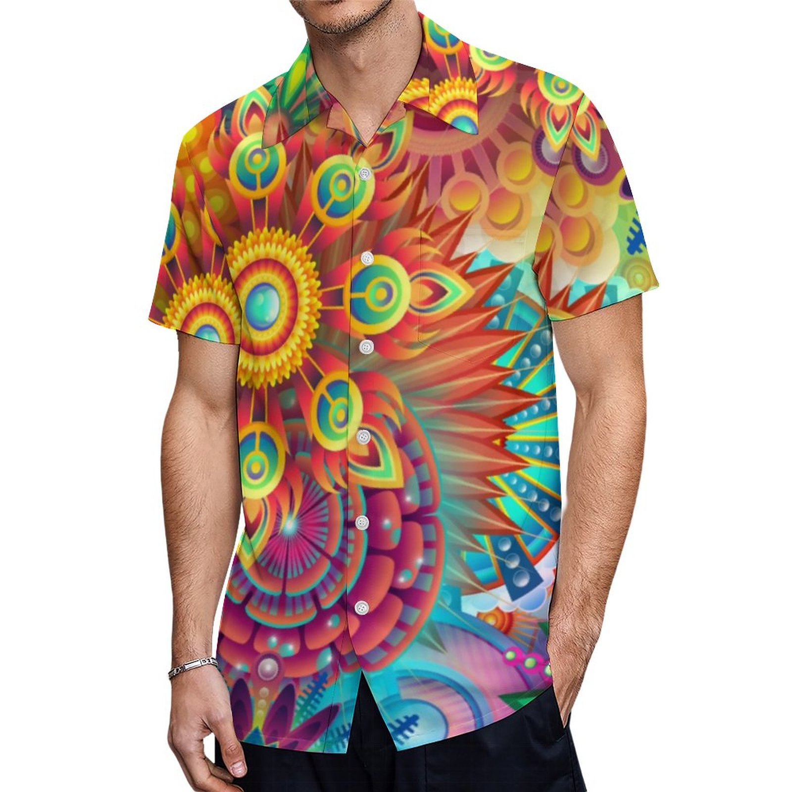 Bohemian Psychedelic Garden Retro 70S Design Hawaiian Shirt Mens Button Down Tropical Hawaii Beach Shirts