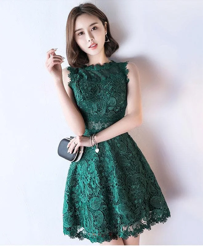 Green Lace See Through Short Prom Dress, Lace Evening Dress