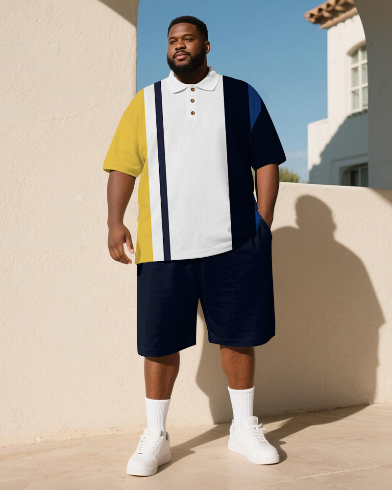 Big & Tall Men's Business Yellow Blue Stripe Print Short Sleeve Polo Shirt Shorts Suit