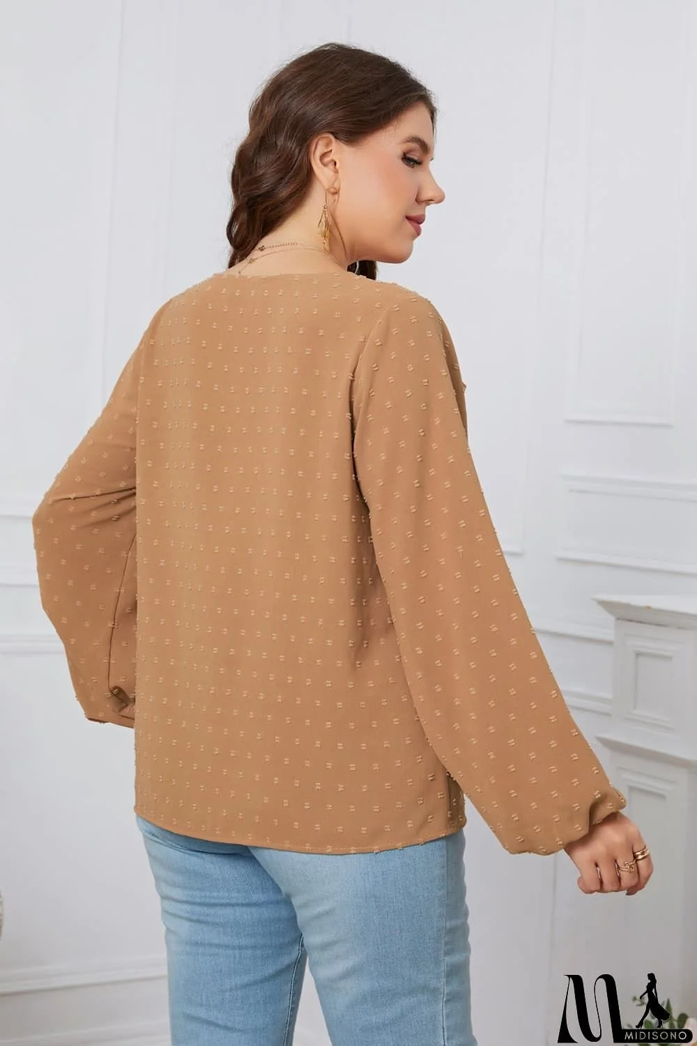 MidiSono - Melo Apparel Plus Size Swiss Dot Frill Trim Round Neck Blouse