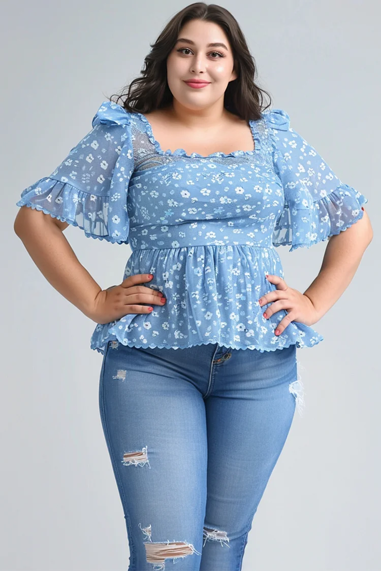 Flycurvy Plus Size Everyday Blue Ditsy Floral Print Square Neck Flare Sleeve Blouse  Flycurvy [product_label]