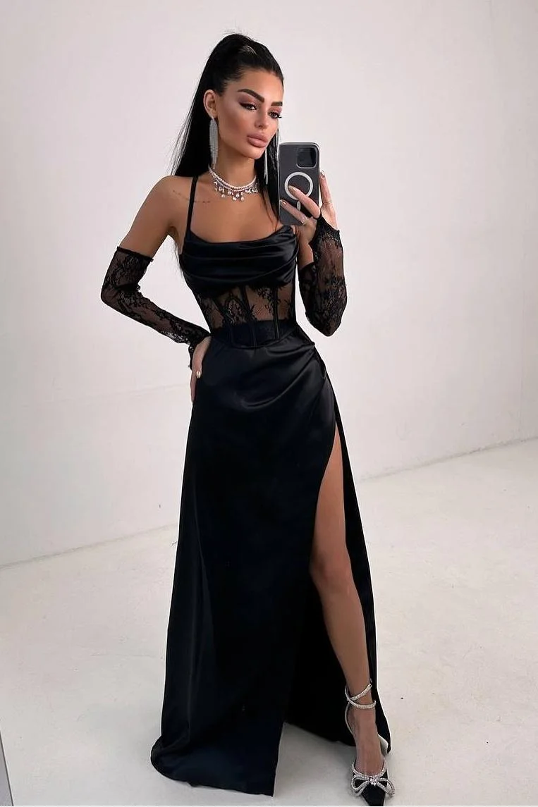 Miabel Chic Black Satin Halter Lace Strapless Sleeveless Split Prom Dress with Gloves   