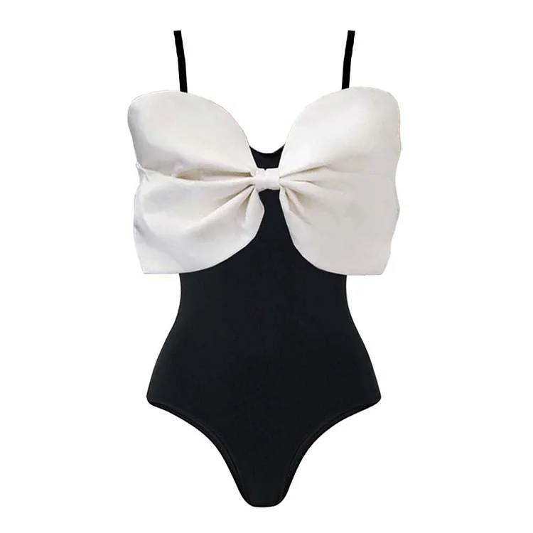 Bow Bandeau Black and White One Piece Swimsuit and Skirt Flaxmaker