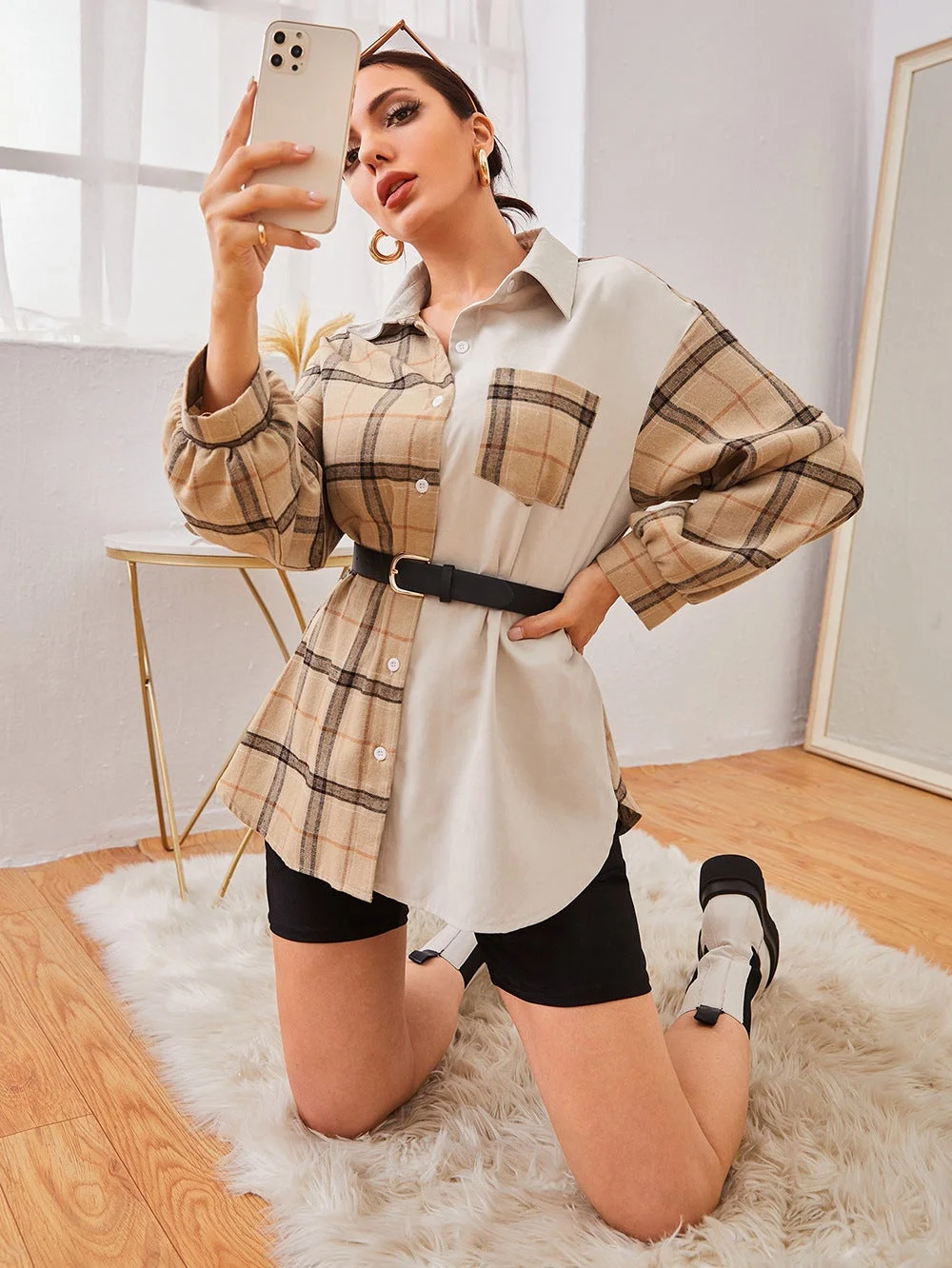 Women Colorblock Cardigan Plaid Women's Shirt Jacket
