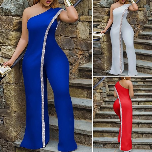 Plus Size Women Sleeveless Wide Leg Party Jumpsuits One Shoulder Sexy Playsuits Long Trousers Palazzo Pants Pantalon Femme - Shop Trendy Women's Fashion | TeeYours