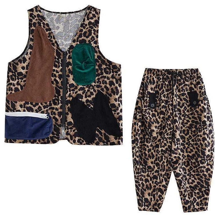 Vintage Leopard Print Vest and Harem Pants Suits - yankia