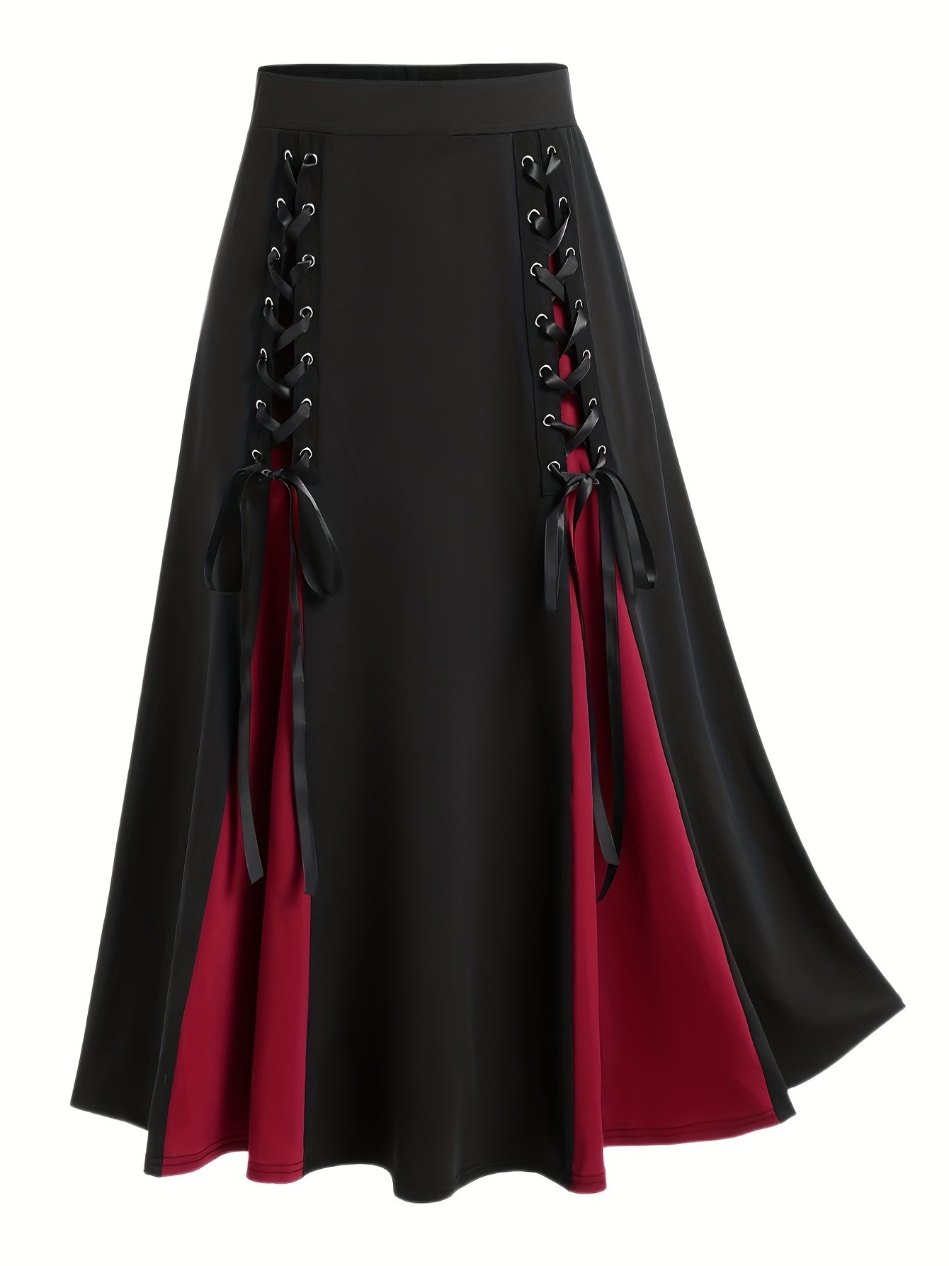 Gothic Colorblock Lace Up Elastic Waist Midi Skirt