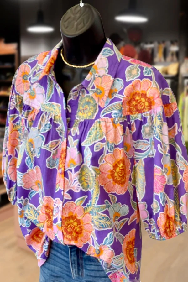 Multi Floral Print Puff Sleeve Top