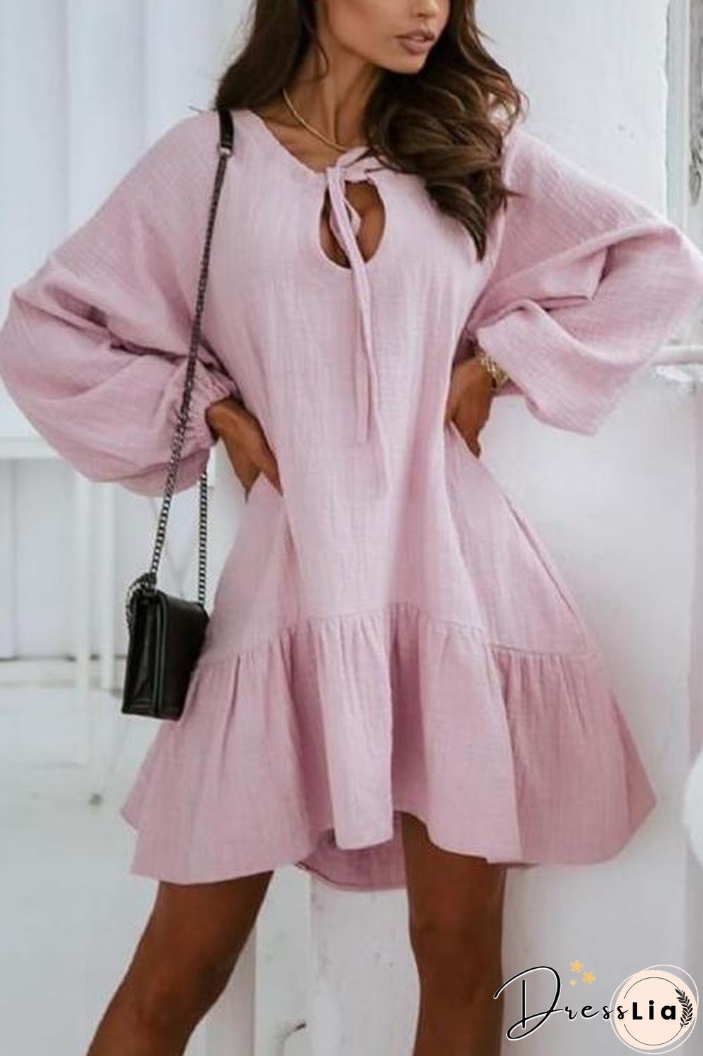 Linen Lace Up Puff Sleeve Mini Dress