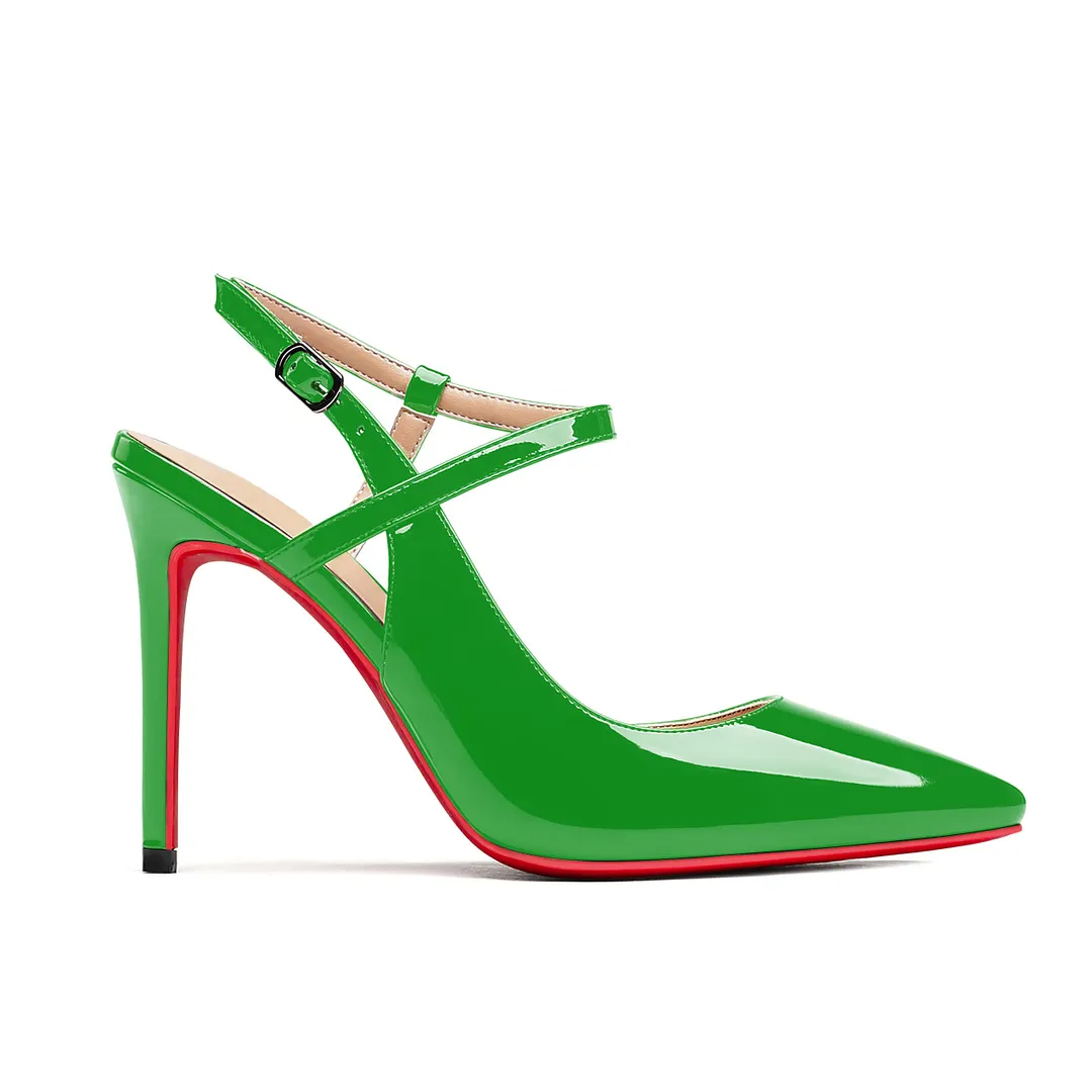 100mm Women Slingback Pumps Ankle Strap Jenlove Stiletto Mid Heel Close Pointed Toe Dress Red Soles-vocosishoes