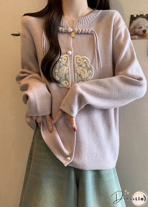 Pink Knit Coats Button Tassel Embroidered Fall