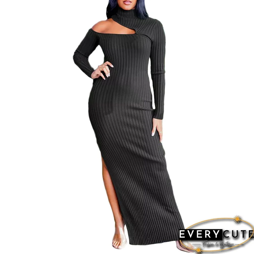 Black Ribbed Cut Out Side Split High Neck Maxi Dress