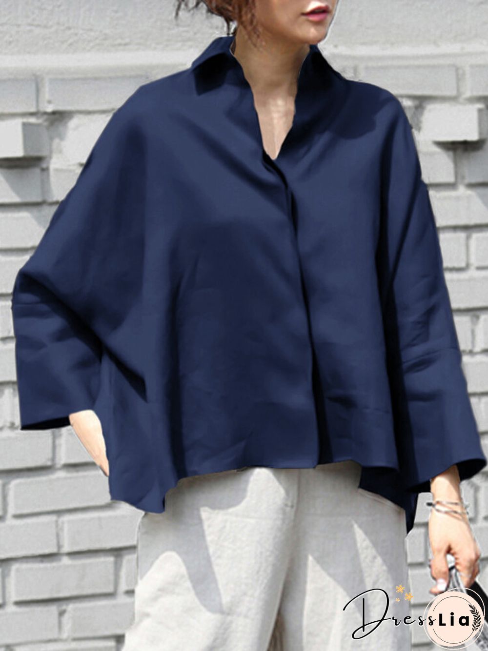 Plain Lapel Loose High-low Hem Long Sleeve Casual Shirt