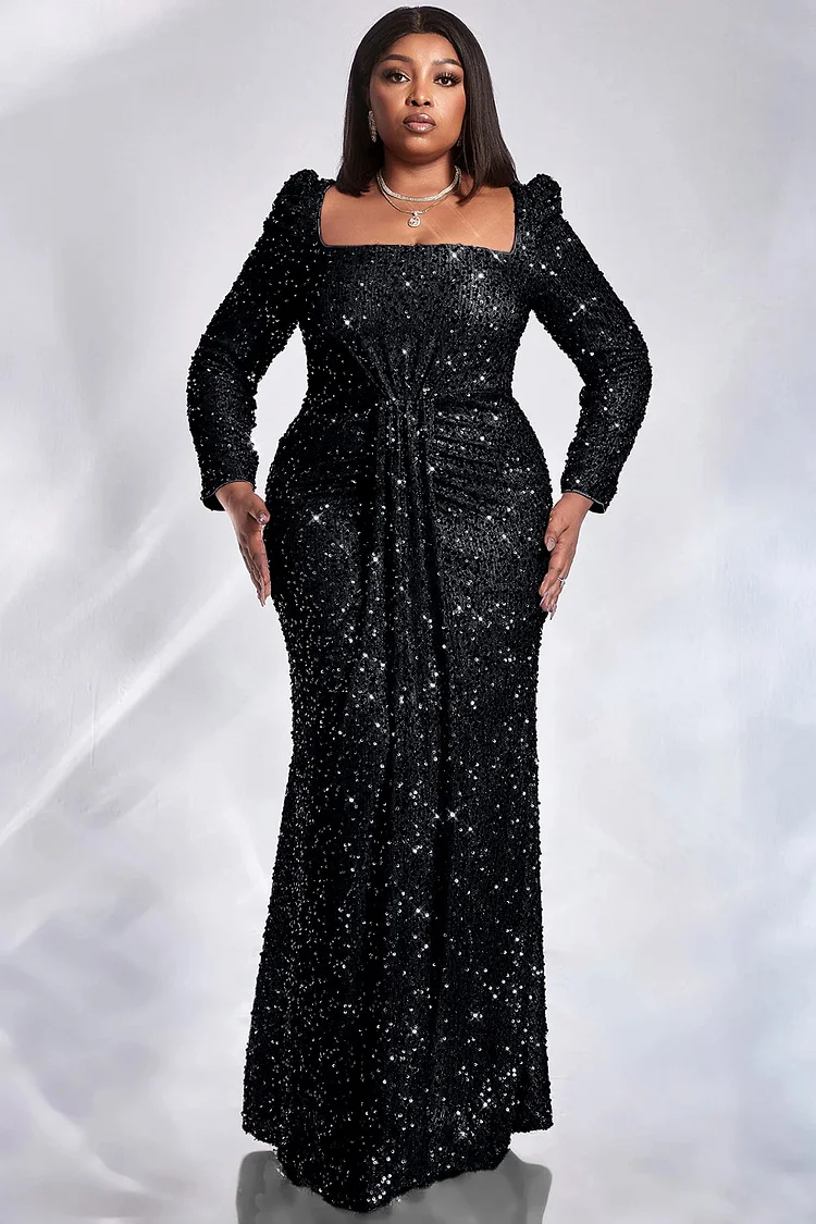 Plus Size Evening Dress Formal Rose Gold Sequin Square Neck Long Sleeve Mermaid Maxi Dress [Pre-Order]