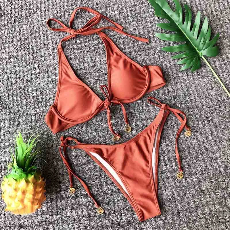 Sexy High Cut Thong Bathing suit Brief Bikini Brazilian Strappy Swimwear Women Solid Biquini Swim Beach Micro Bikini set 3605