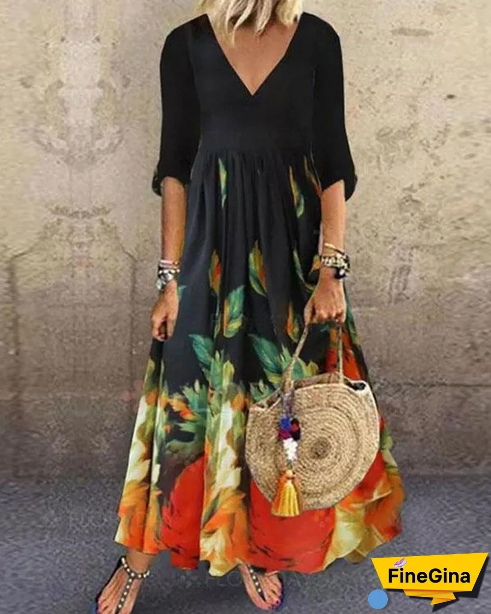 Women Floral Print Half Sleeve Princess Dress Maxi Dresses