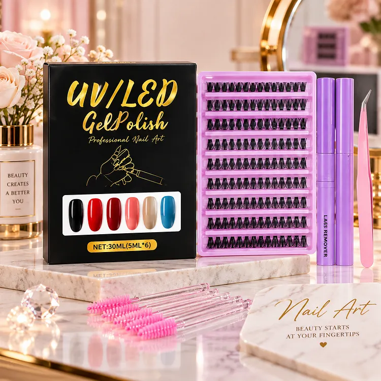 2-in-1 DIY Nail & Lash Beauty Kit &ndash; 6-Color UV/LED Gel Polish Set, Cluster False Eyelashes, Lash Remover, Precision Tweezers & Mascara Brushes for At-Home Beauty