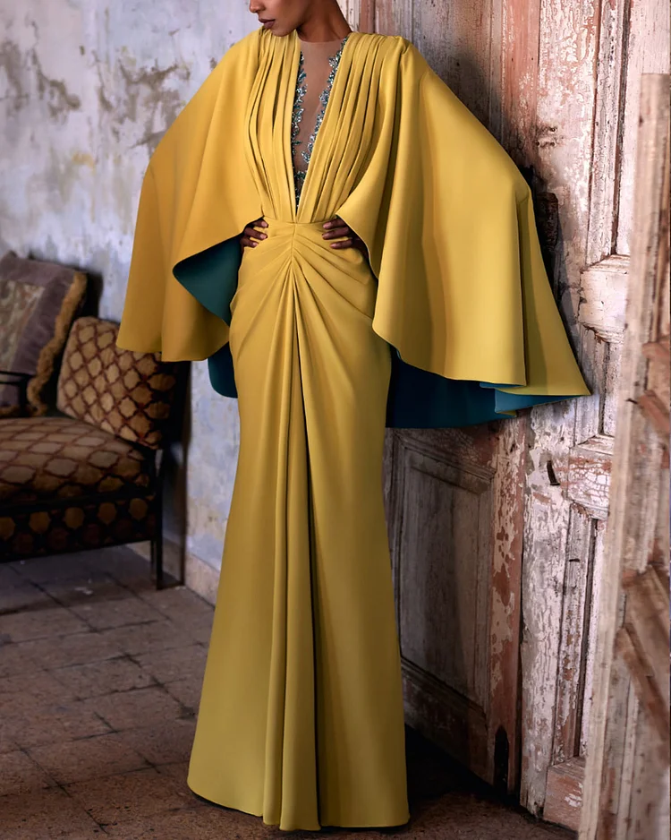 V-NECK TWO TONE COLOR CREPE DRESS WITH HALF CAPE AND SLIT OPENIN