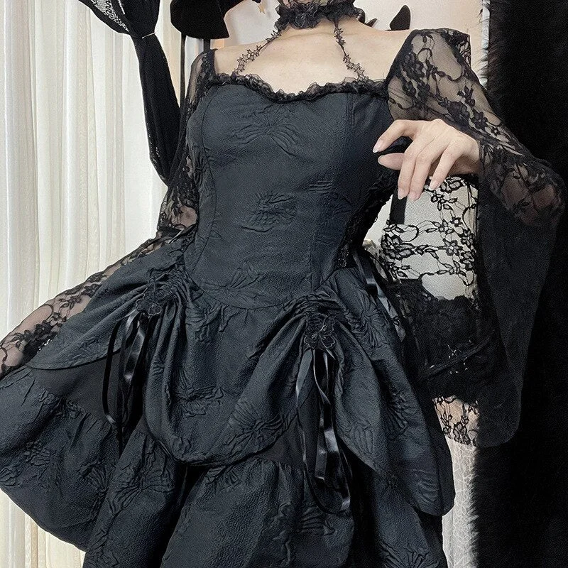 uforever21 Halter Halloween Cosplay Costumes Gothic Lolita Party Dress White Black Flare Sleeve Fairy Princess Ruffle Cake Kawaii Dresses