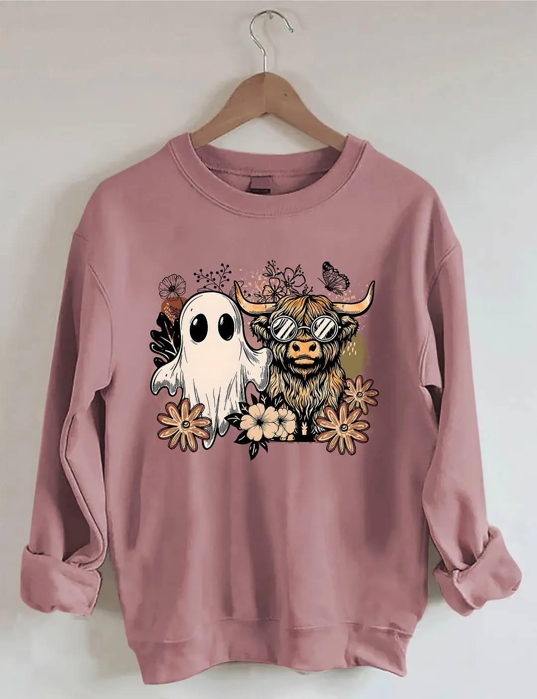 Ghost And Highland Cow With Flowers Sweatshirt