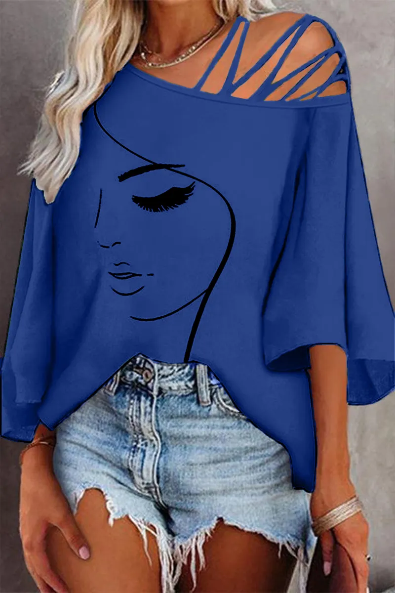 Figure Print Hollow Out Asymmetrical Neck Blouse