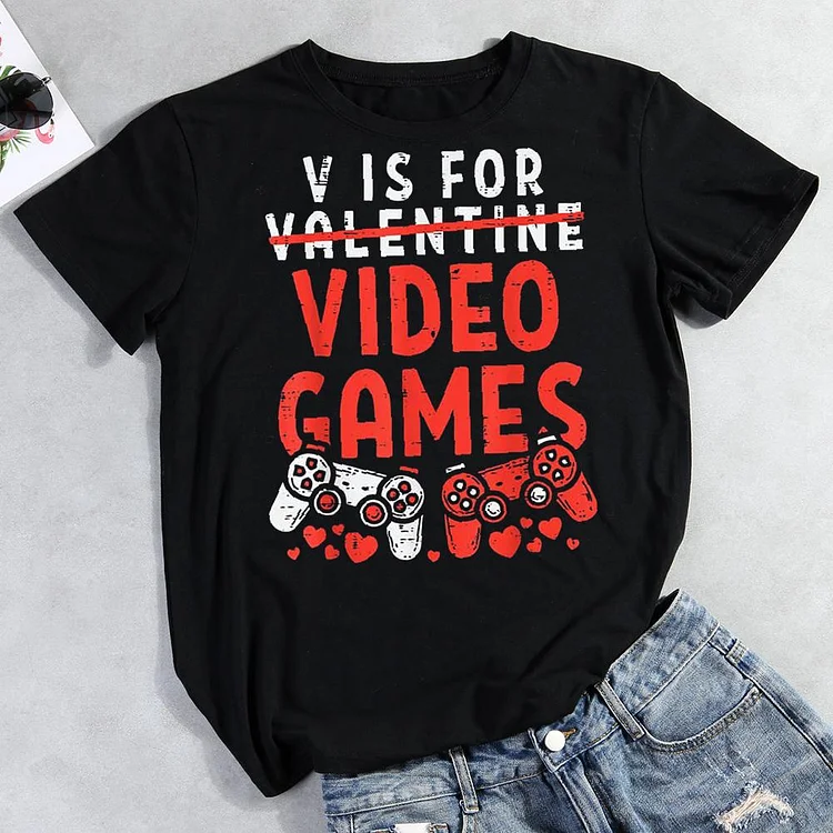V Is For Video Games Round Neck T-shirt-Annaletters