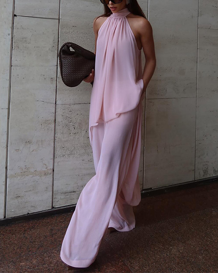 Halterneck Asymmetrical Hem Top & Pants Set