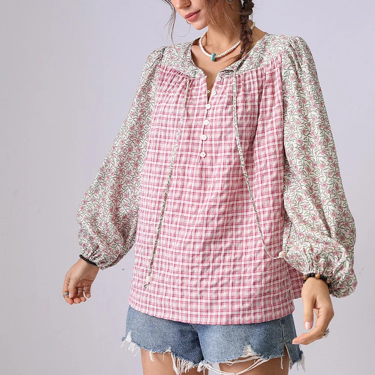 Women's French Plaid Floral Patchwork Shirt Loose Long Sleeve Shirt