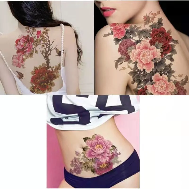 Sdrawing Peony Flower Waterproof Temporary Tattoo Stickers Women Sexy Butterfly Art Fake Tattoo Big Picture Back Cover Scar  Arm Sticker