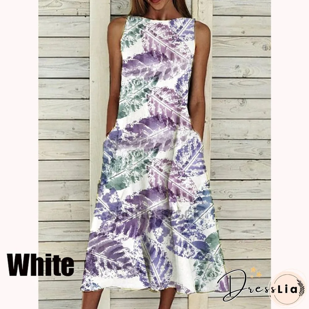 XS-5XL Plus Size Fashion Women Summer Casual Tops Elegant Sleeveless Print A-Line Dress Round Neck Casual Party Dresses Girls Sweet Dress