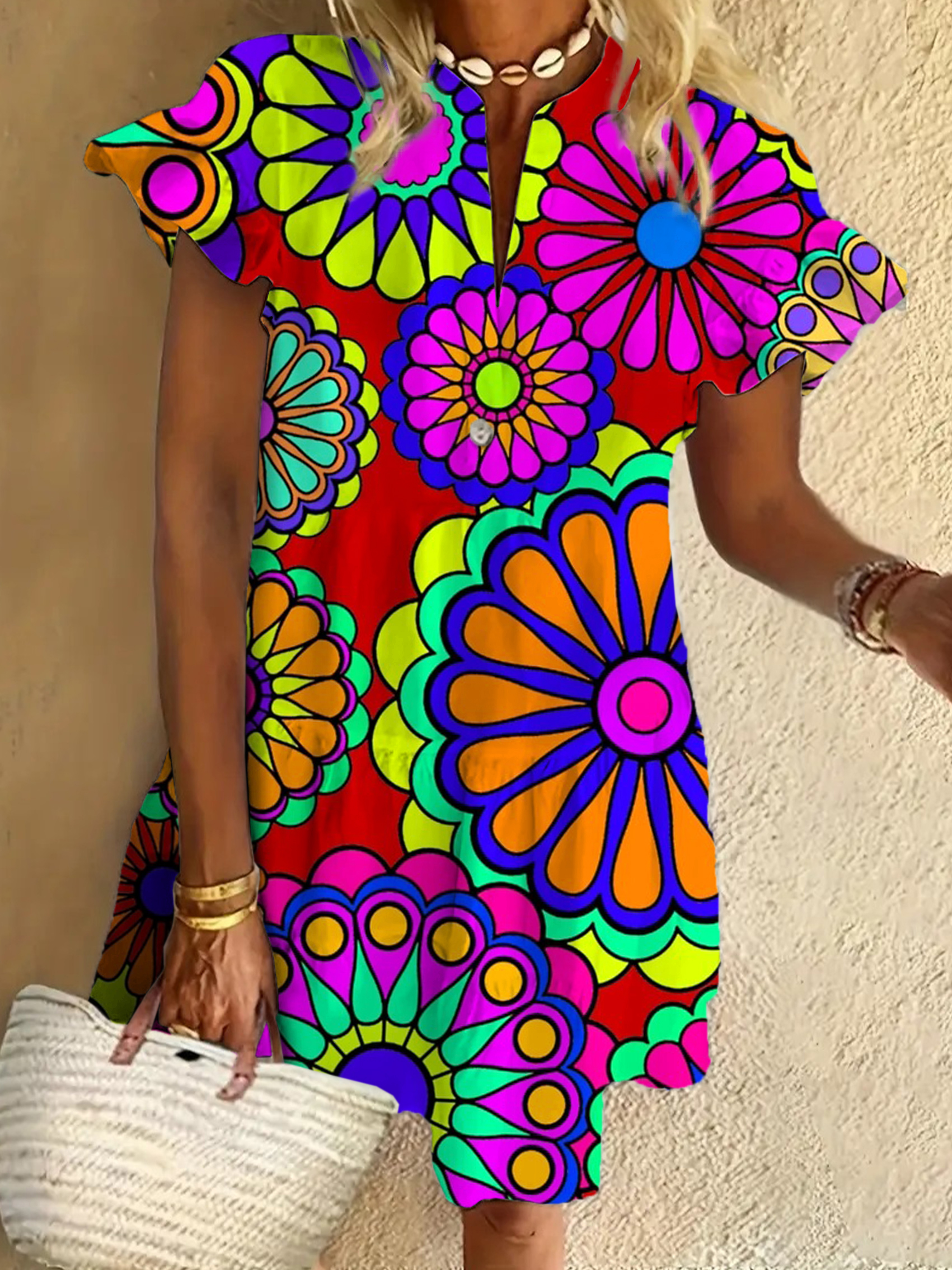 Colorful Flowers Ruffled Short-sleeved V-neck Buttoned Dress Vacation Beach Dress